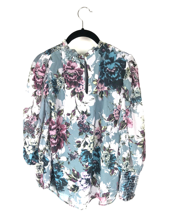 Blue and Floral Patterned Top - Small
