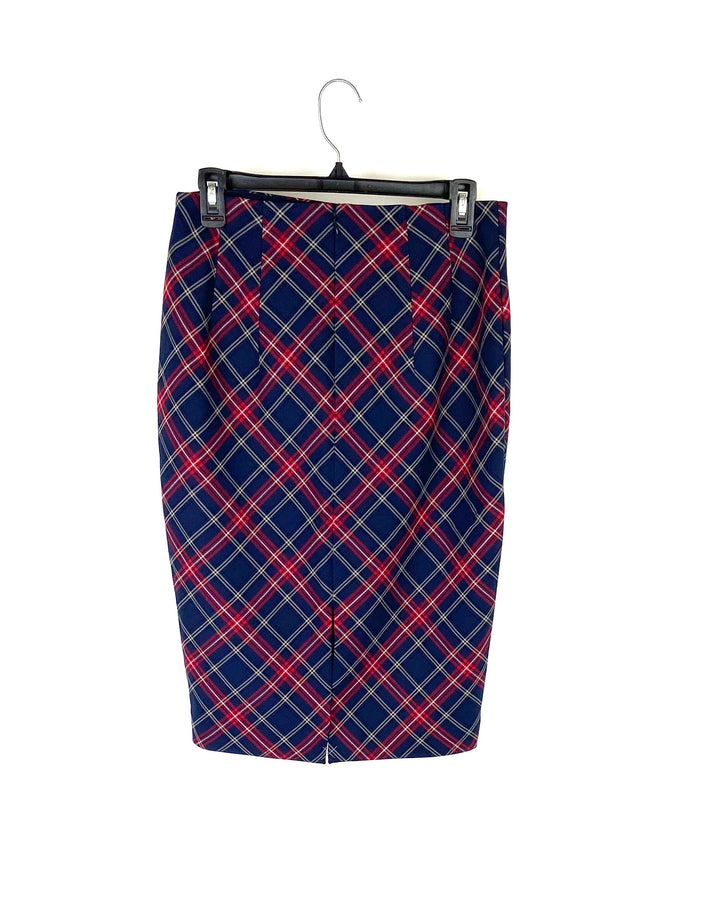 Navy & Red Plaid Midi Skirt - Size 6