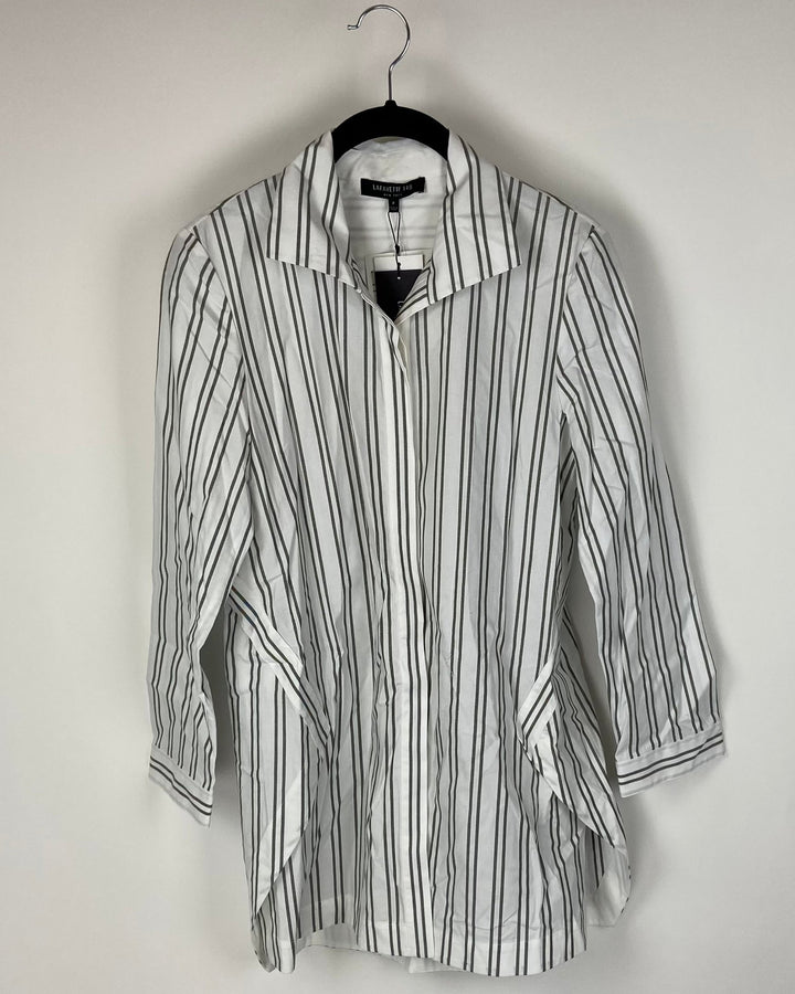 White And Green Striped Button Up Top - Extra Small