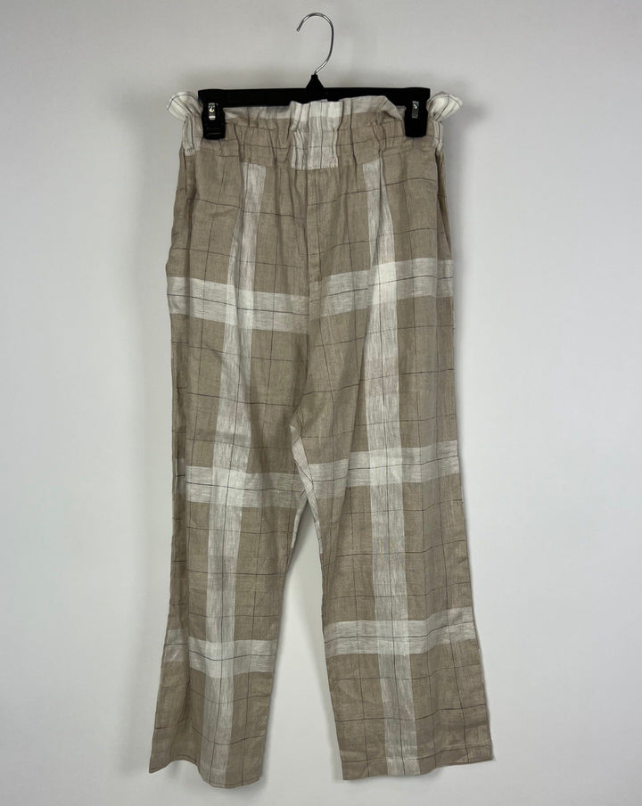 Plaid Linen Pants with Ruffle Waist - Medium