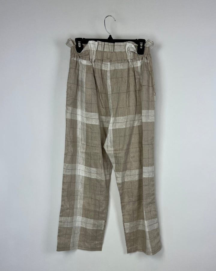 Plaid Linen Pants with Ruffle Waist - Medium