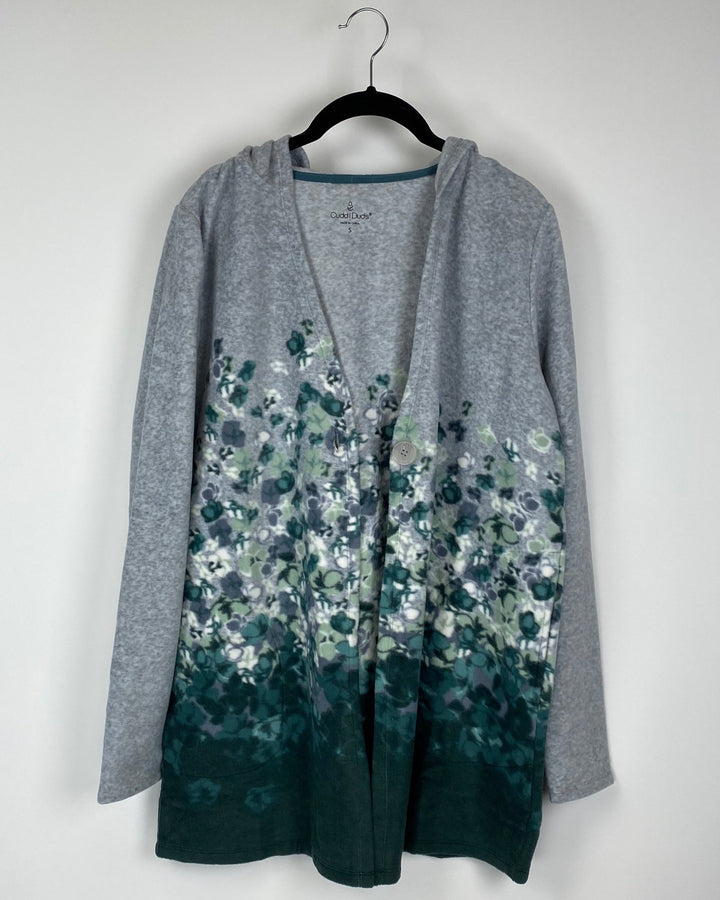 Green And Grey Fleece Printed Cardigan - Extra Small and Small