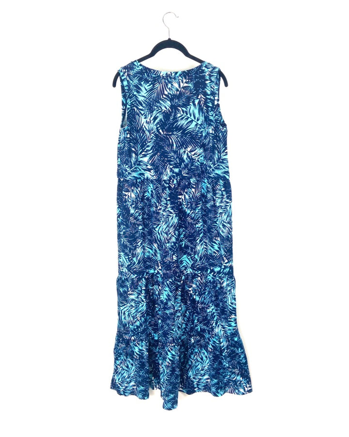 Blue Palm Tree Sleeveless Tiered Maxi Dress - Small/Medium