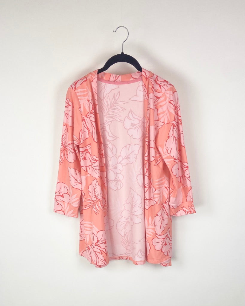 Peach and Pink Tropical Floral Print Open Cardigan - Small