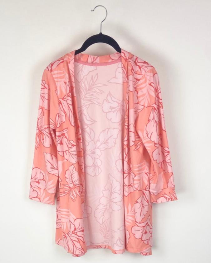 Peach and Pink Tropical Floral Print Open Cardigan - Small