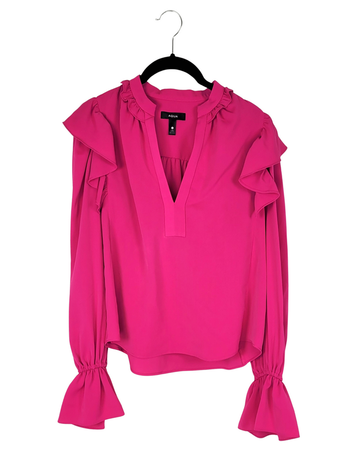 Hot Pink Long Sleeve Ruffle Top - Small And Medium