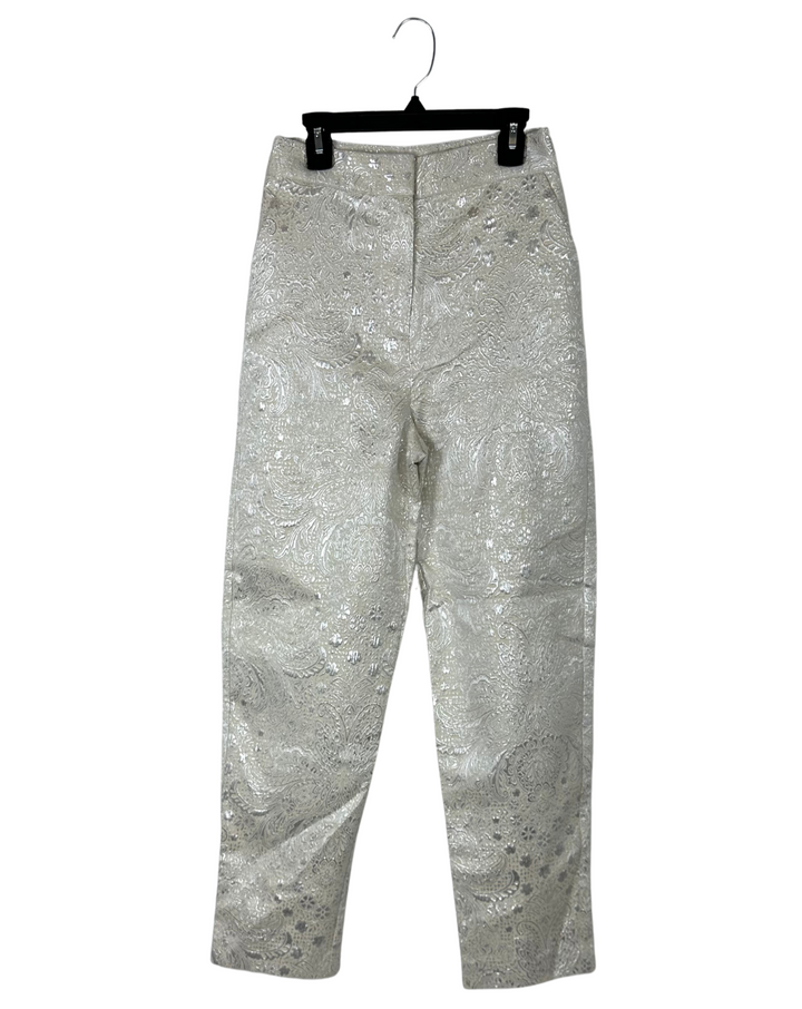 Cream Metallic High Waisted Jacquard Pants - Size 00, 0, 8, 10, 12