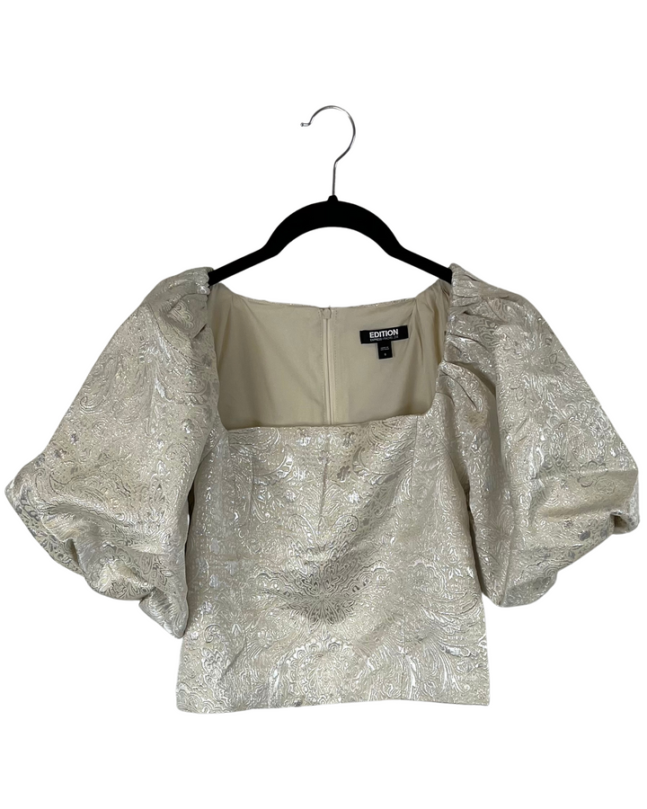 Metallic Jacquard Puff Sleeve Cropped Blouse- Size 00, 0, 4, 8, 10, 12, and 14
