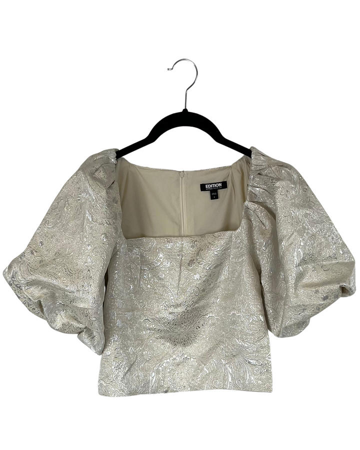 Metallic Jacquard Puff Sleeve Cropped Blouse- Size 00, 0, 10