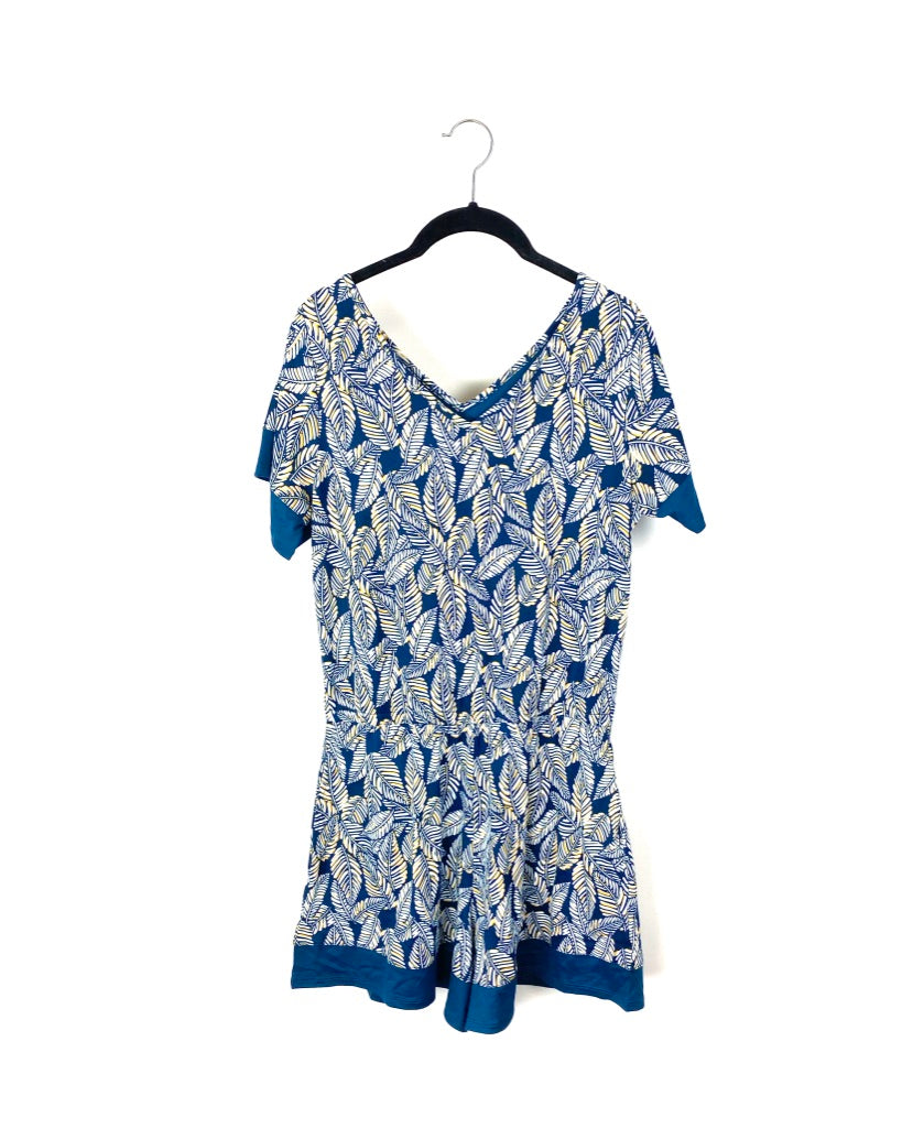 Blue and Yellow Leaf Print Romper - Small