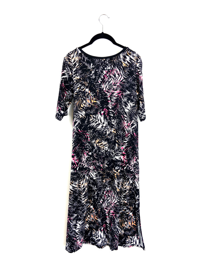 Leaf Printed Midi Dress With Tie - Small/Medium