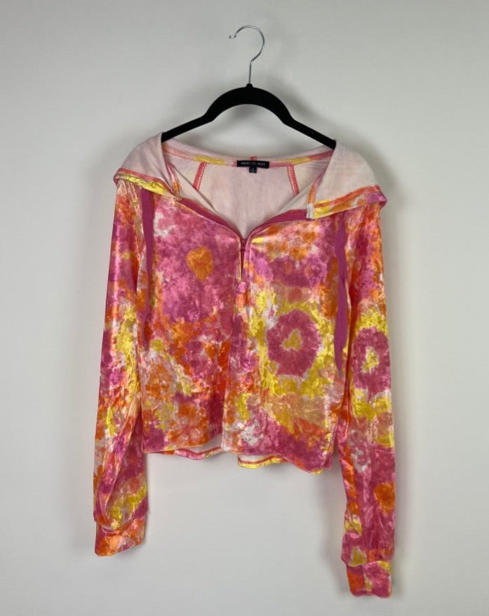 Pink And Yellow Velvet Cropped Half Zip Top - Small, Medium, Large