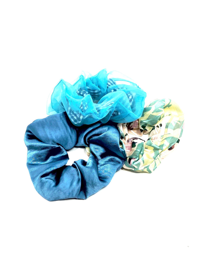 Blue and Green Floral Scrunchies Set