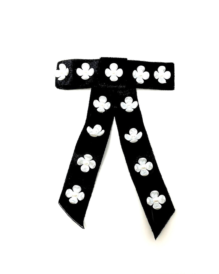 Black Velvet Clip Bow with White Flower Accents