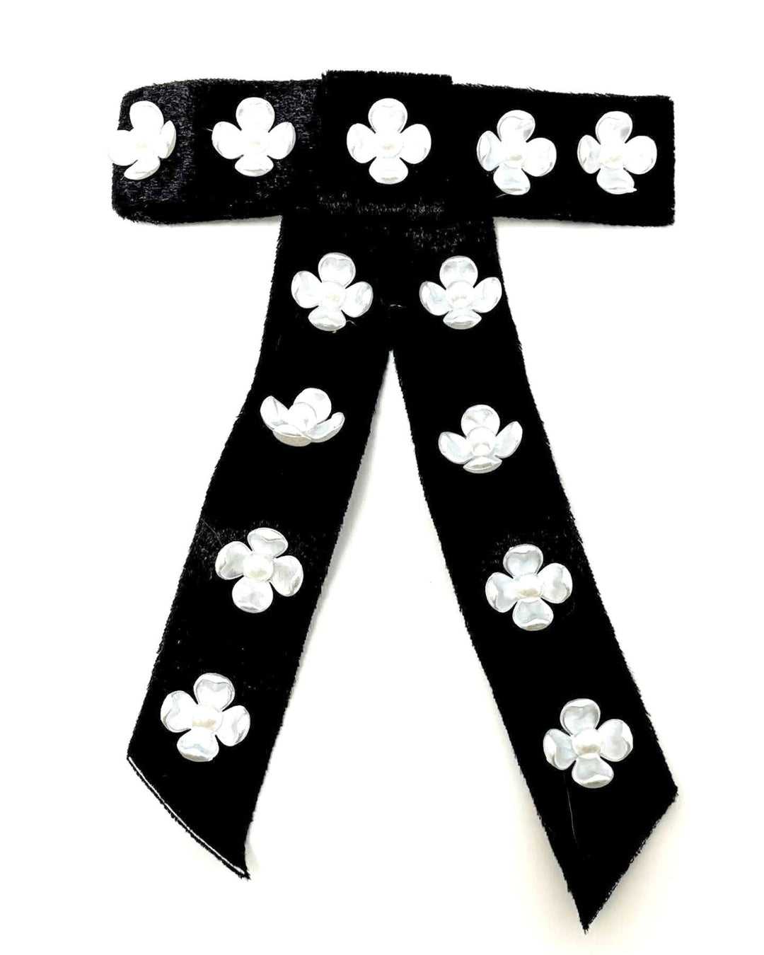 Black Velvet Clip Bow with White Flower Accents