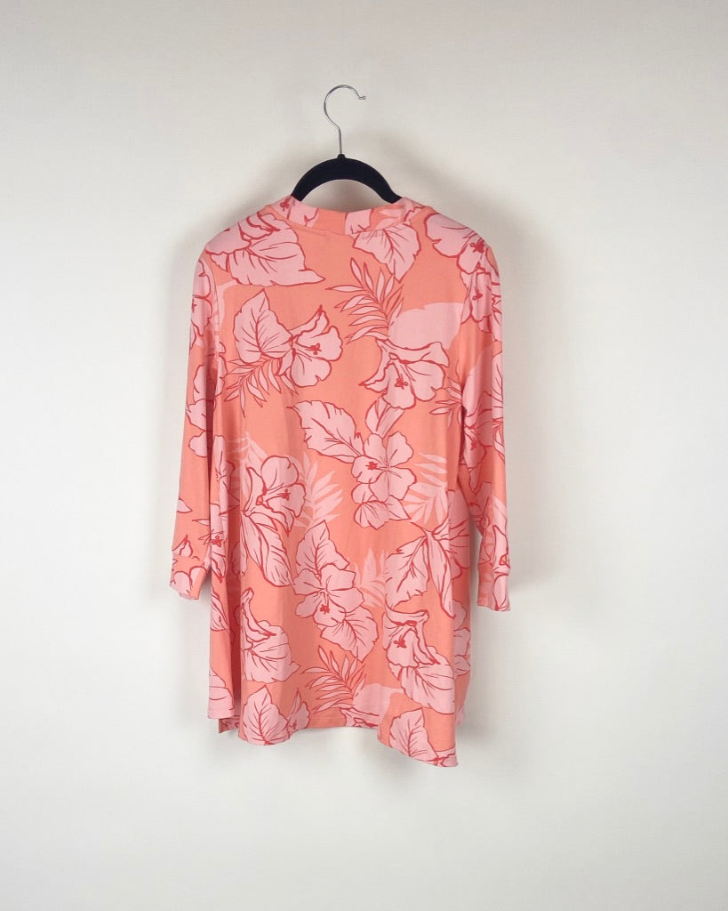 Peach and Pink Tropical Floral Print Open Cardigan - Small