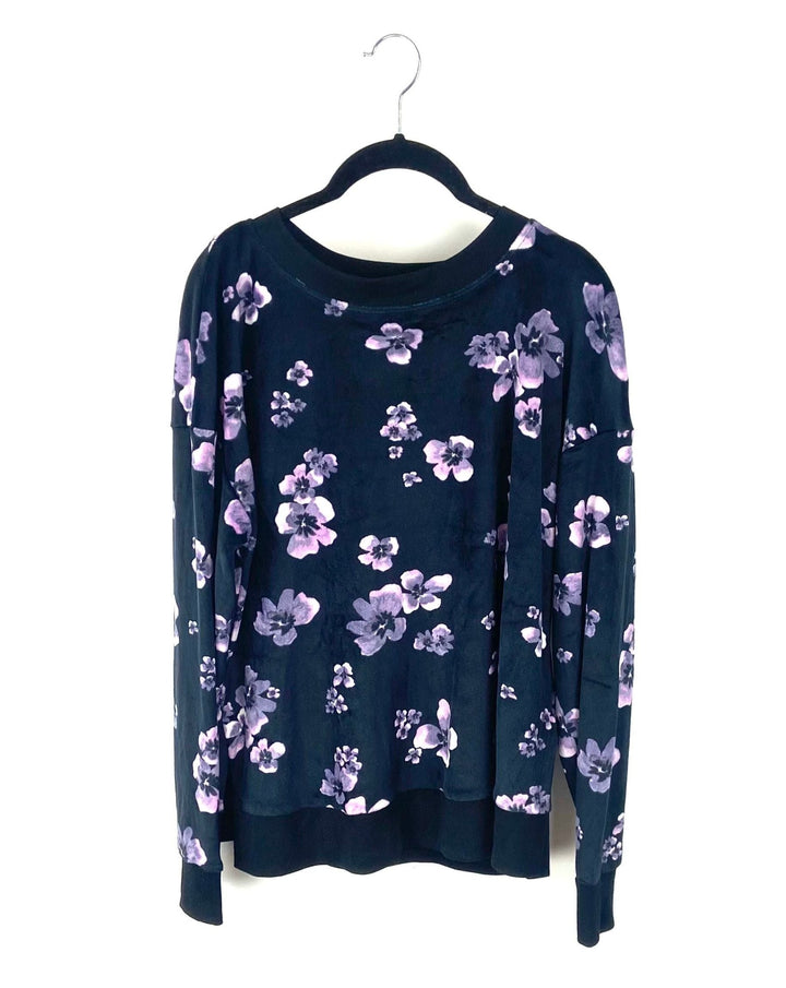 Black Floral Fleece Pajama Top - Small