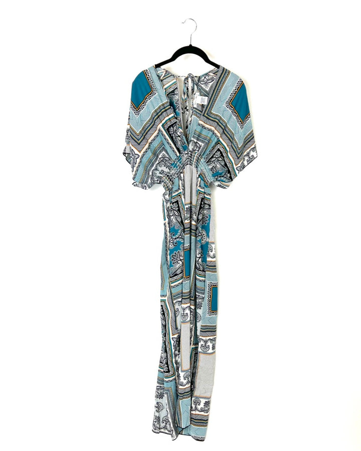 Maxi Blue And White Abstract Print Dress - Small