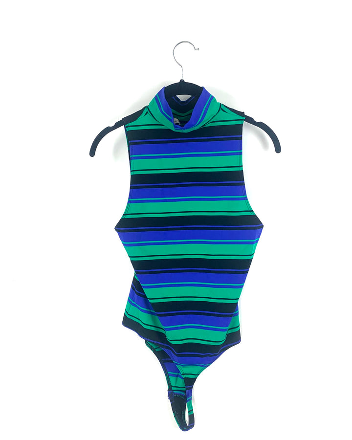 High Mock Neck Striped Bodysuit- Small