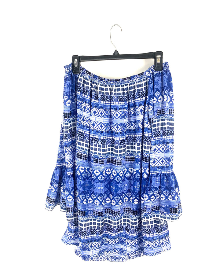 Blue and White Abstract Off The Shoulder Dress- Small