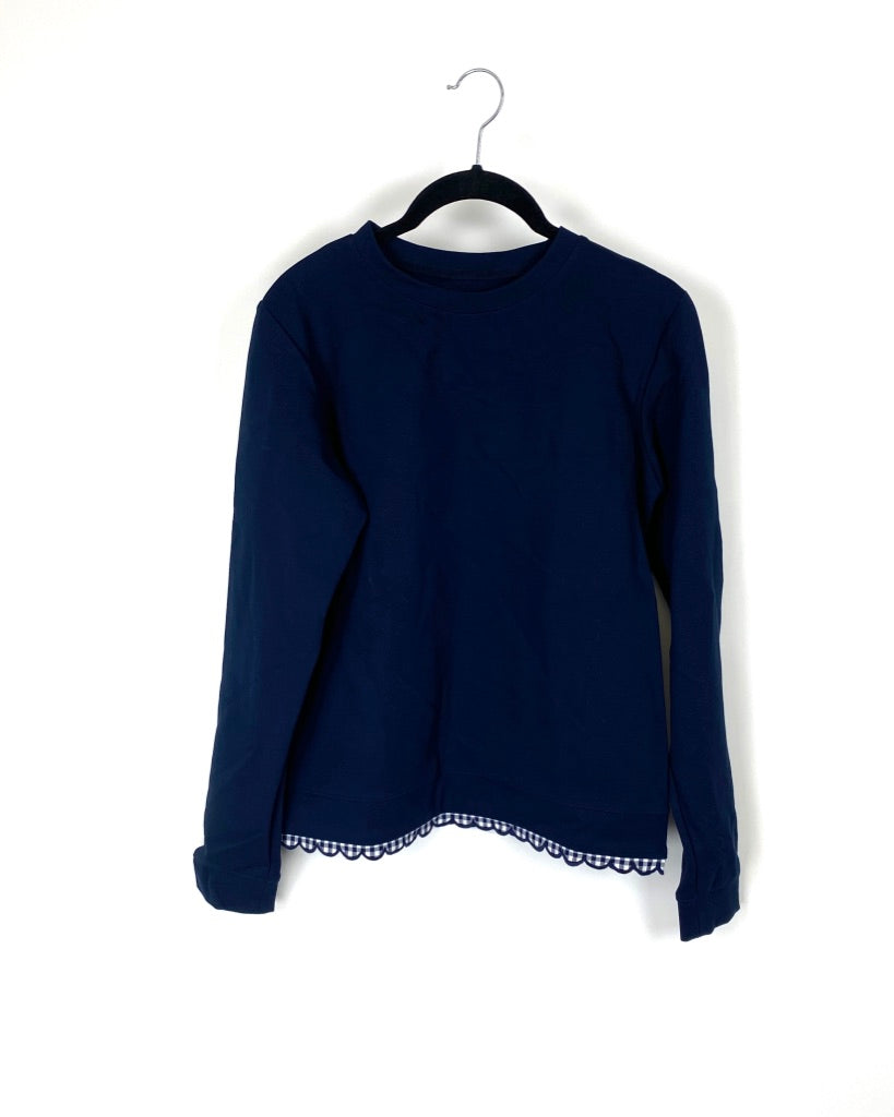 Navy Blue Long Sleeve Top with Gingham Trim - Small