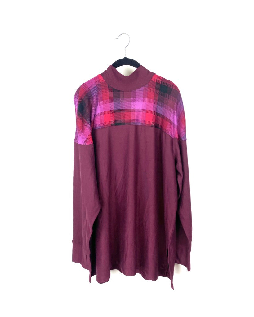 Maroon and Plaid Long Sleeve Top - 1X