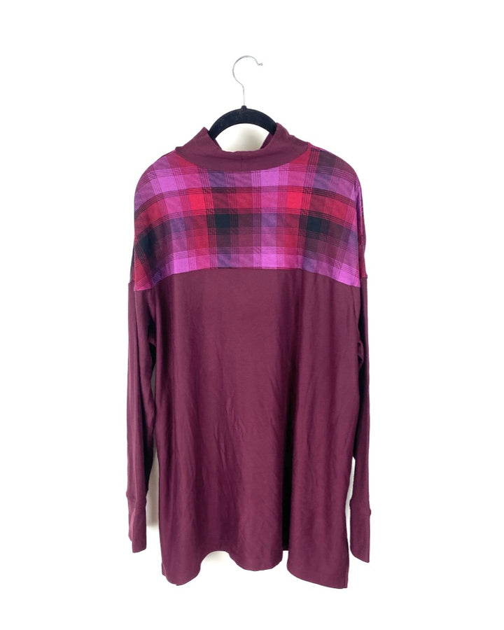 Maroon and Plaid Long Sleeve Top - 1X