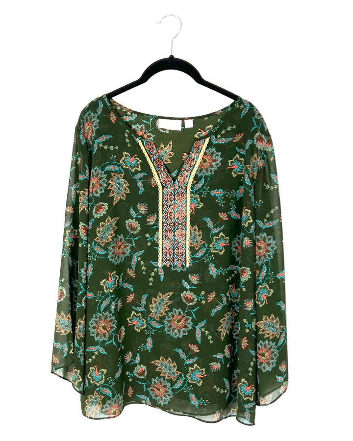 Abstract Floral Green Top - Medium / Large