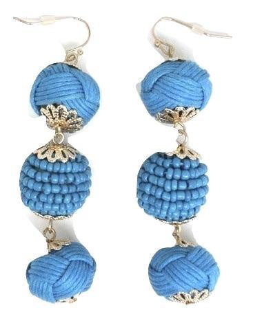 Blue Dangling Earrings with 3 Beaded and Knotted Circles - The Fashion Foundation - {{ discount designer}}